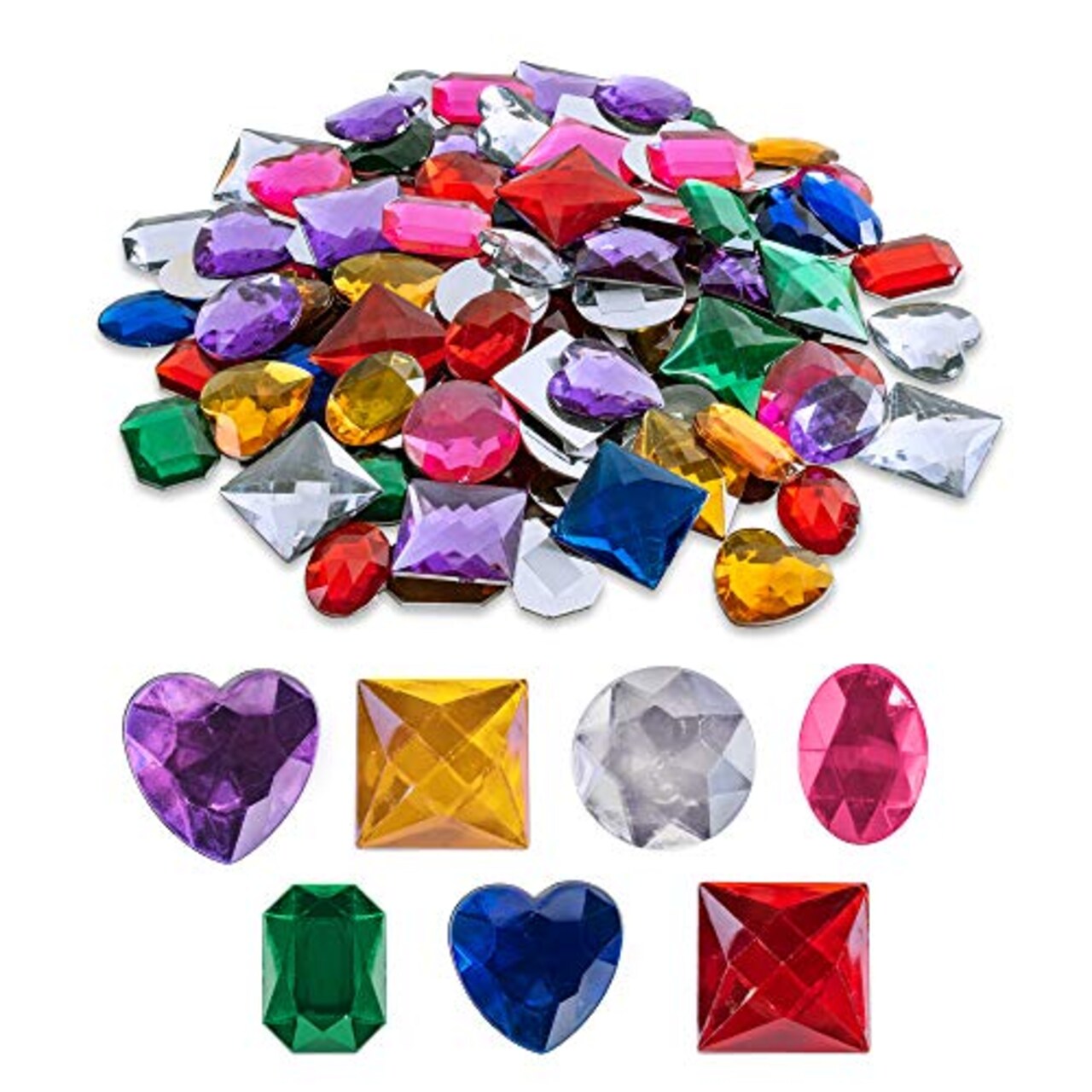 100 Pieces 1" Assorted Colorful Adhesive Stick-On Heart Star Round Shaped Jewel Gems for Arts & Crafts, Themed Party Decoration Accessories, Children Activities